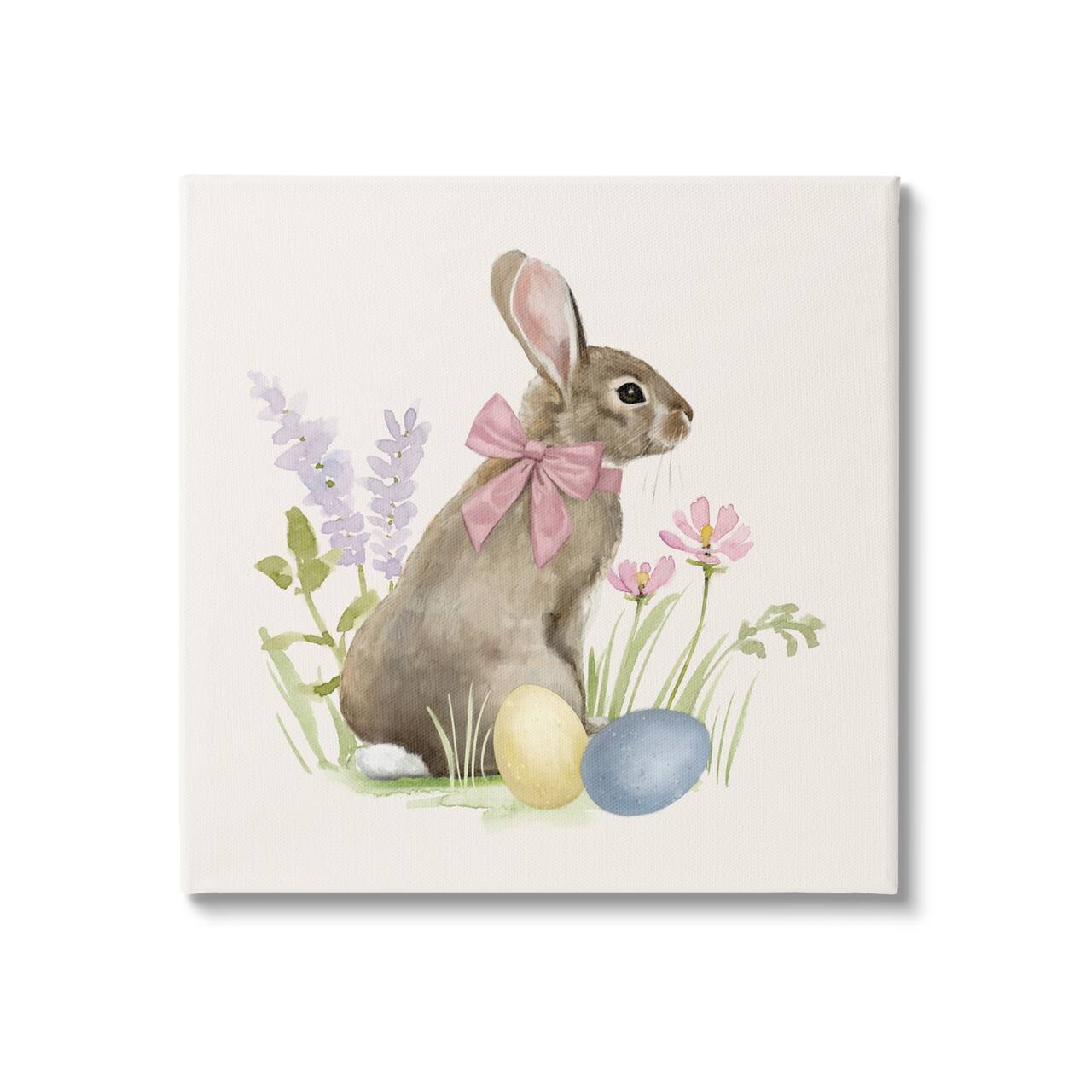 Stupell Industries Easter Bunny Rabbit Bow Spring Flowers & Eggs Canvas Wall Art